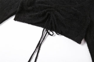 Textured zip-up drawstring hollow out halter long sleeve 2 piece cut out mini dress