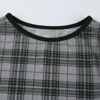 Long sleeve plaid crewneck mesh top