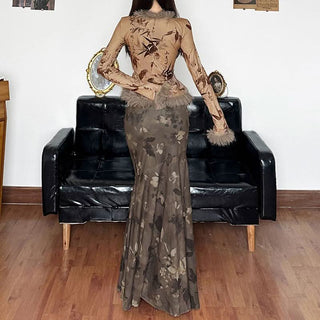 Long sleeve fluffy self tie print top