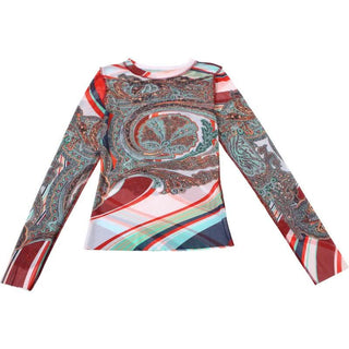 Long sleeve crewneck mesh abstract print top