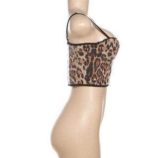 Leopard print lace hem glitter cami crop top