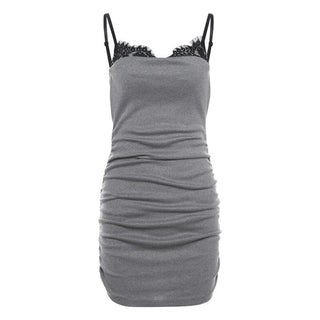 Ruched lace patchwork contrast v neck backless mini dress