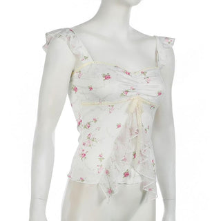 Lace hem bowknot ruched flower print cami top