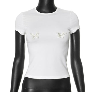 Short sleeve butterfly embroidery crop top