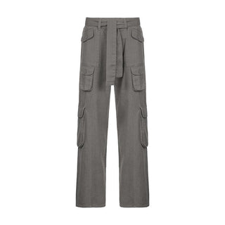 Tie waist pocket button solid straight leg cargo jeans