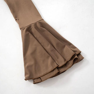 Long flared sleeve ruffle round neck ruched mini dress