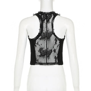 U neck lace ruffle hollow out tank cut out top