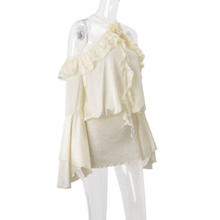 Flared sleeve halter backless ruffle drawstring mini dress