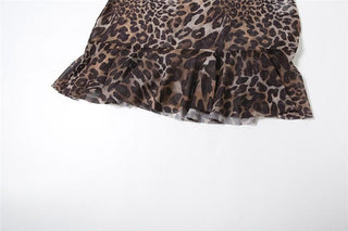Leopard print v neck ruffle mesh cami mini dress