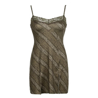 Print lace hem slit cami mini dress
