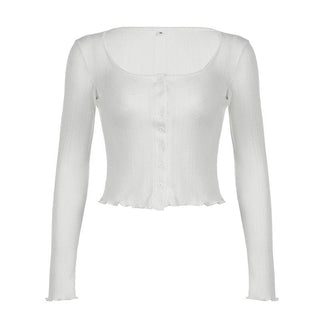 Long sleeve u neck button textured top