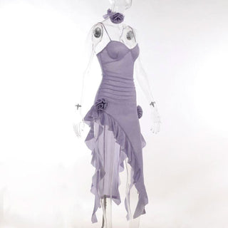 Sweetheart neck ruffle flower applique slit cami midi dress