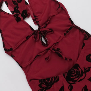 Halter v neck slit backless mesh self tie midi dress