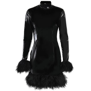 Long sleeve PU leather feather high neck zip-up mini dress-final-sale