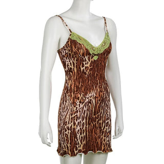 Leopard print lace hem bowknot cami mini dress