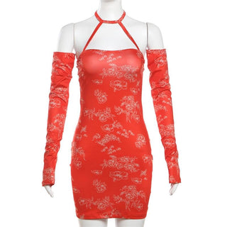 Halter gloves print ruched backless mini dress