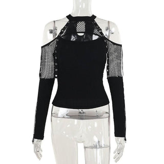 Off shoulder long sleeve fishnet patchwork buckle top