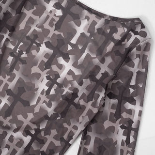 Long sleeve cross print sheer mesh backless maxi dress