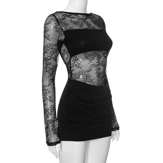 Long sleeve lace crewneck patchwork ruched mini dress