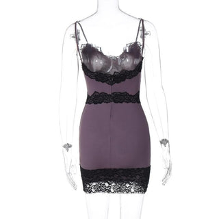Lace hem patchwork v neck zip-up cami mini dress