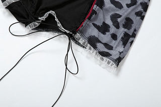 Short puff sleeve leopard print lace hem romper