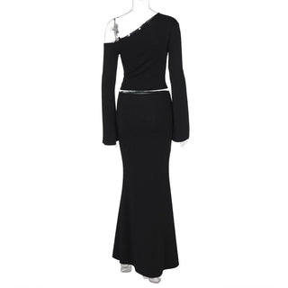 One shoulder long sleeve flower applique maxi skirt set