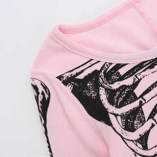 Human skeleton print long sleeve button mini dress