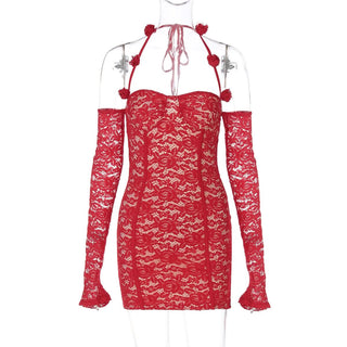 Halter long sleeve off shoulder lace mini dress