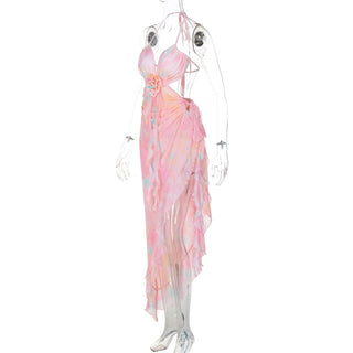 Halter flower applique ruffle backless slit maxi dress