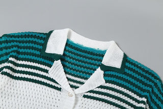 Turnover collar short sleeve button hollow out pant set