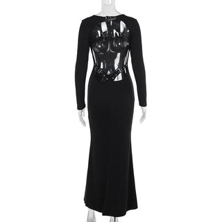 Long sleeve hollow out buckle crewneck cut out maxi dress