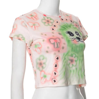 Crew neck short sleeve print crop top