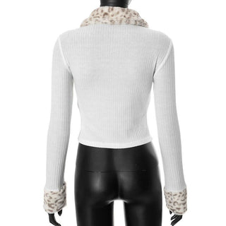 Zip-up long sleeve turnover collar leopard fluffy top