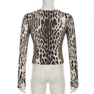 Leopard print long sleeve u neck lace hem top