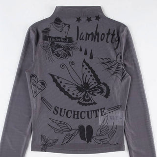 High neck long sleeve mesh butterfly print top