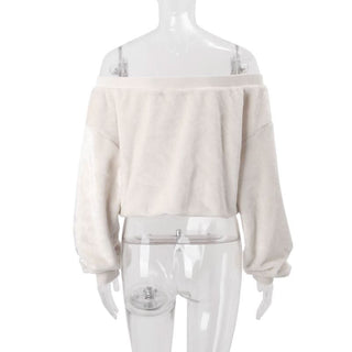 Off shoulder long sleeve fluffy self tie top