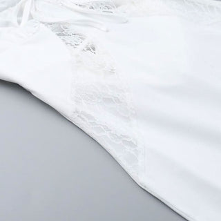 Self tie cross back v neck lace ruched midi dress