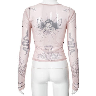 Long sleeve angel print sheer mesh crewneck top