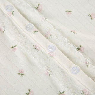 Long sleeve textured flower print button lace hem top