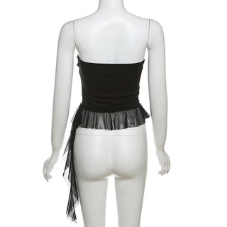 Ribbed â€œBEYWADâ€ print patchwork ruffle tube top