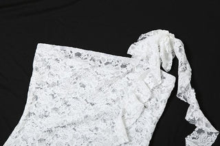 Lace see through one shoulder ruffle knotted ruched mini dress