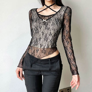 Halter long sleeve lace see through bowknot top