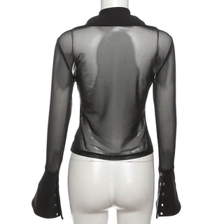 Turnover collar long sleeve mesh self tie top