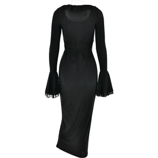 Ruffle long flared sleeve u neck solid midi dress - Final Sale