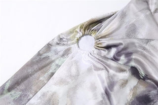 Cowl neck cross back o ring high slit print maxi dress