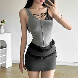 Irregular lace hem hollow out stitch patchwork cut out top