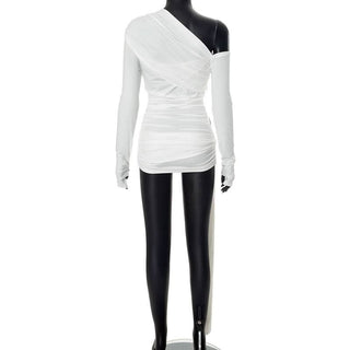 One shoulder long sleeve ruched hollow out knotted cut out top