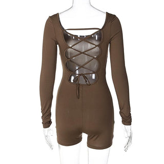 Long sleeve u neck lace up backless solid romper