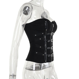 PU leather patchwork buckle zip-up tube top