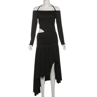 Halter long sleeve off shoulder hollow out cut out maxi dress